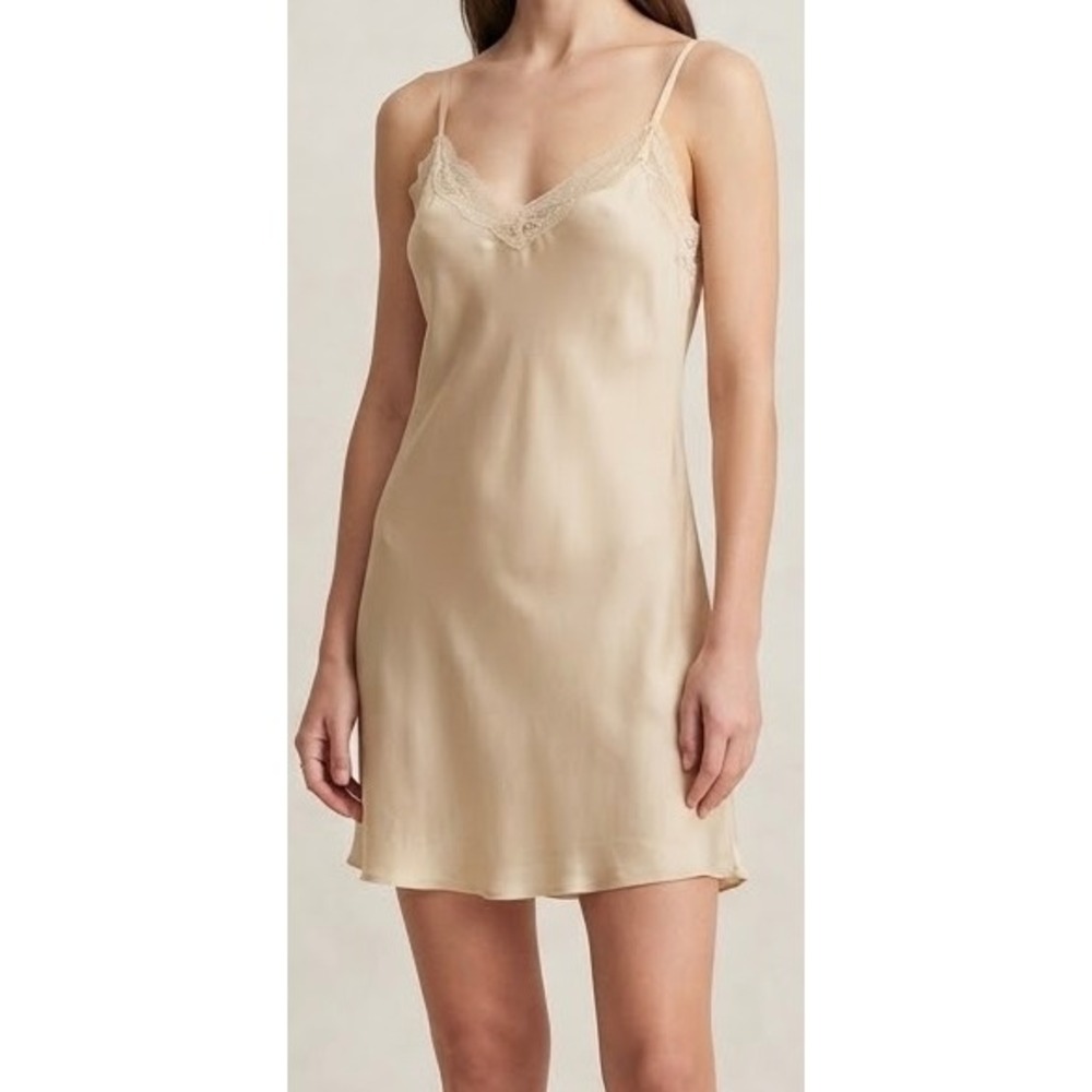 Johnny Was 4 Love & Liberty Silk Slip Dress Medium Champagne Beige Lace Trim